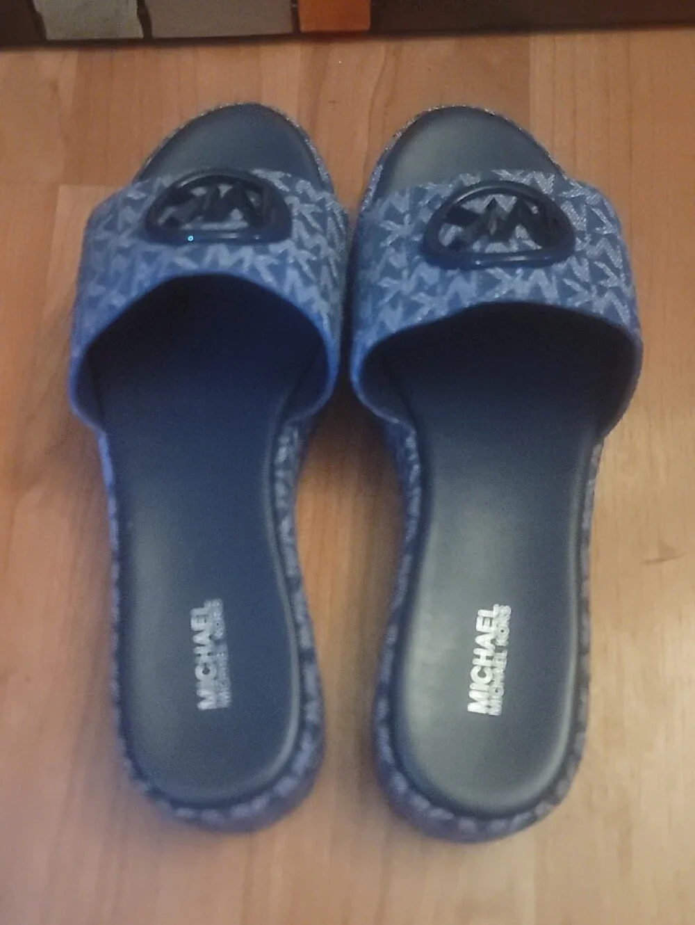 Michael Kors Denim Jacquard Sadler Wedge MK Logo Slide Sandals